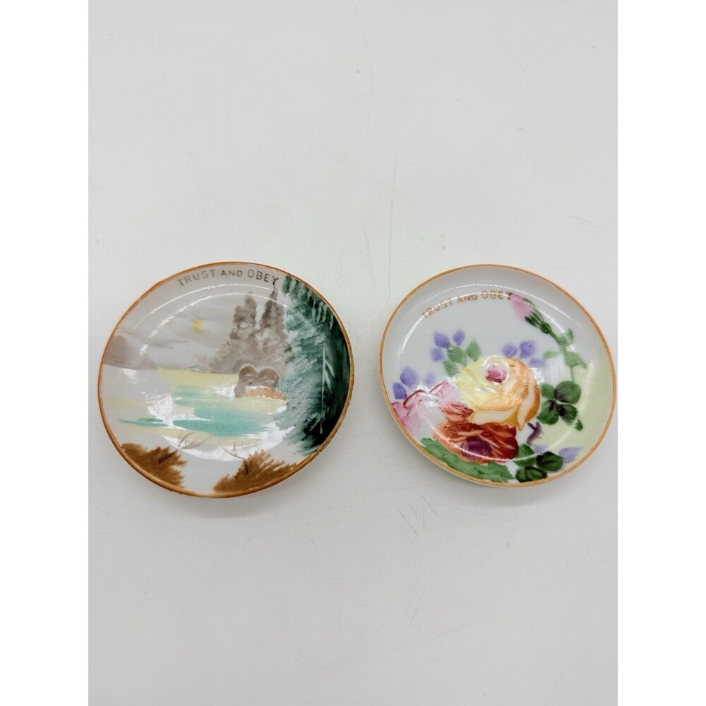 Pair Japanese Hand Painted Mini Plates 3” “Trust And Obey” Landscape, Floral
